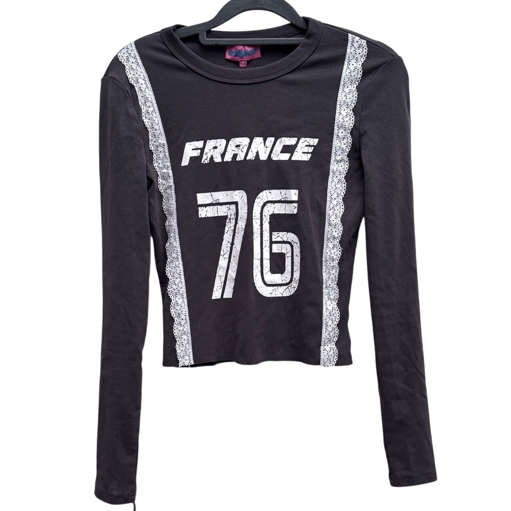 Edikted France 76 Lace Trim Gray Long Sleeve Graphic Crop Top Baby Tee Small Y2K - Picture 2 of 7